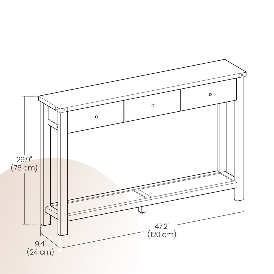 Console Table – Wood – Rustic Walnut – Narrow Design with 3 Drawers and Open Shelf