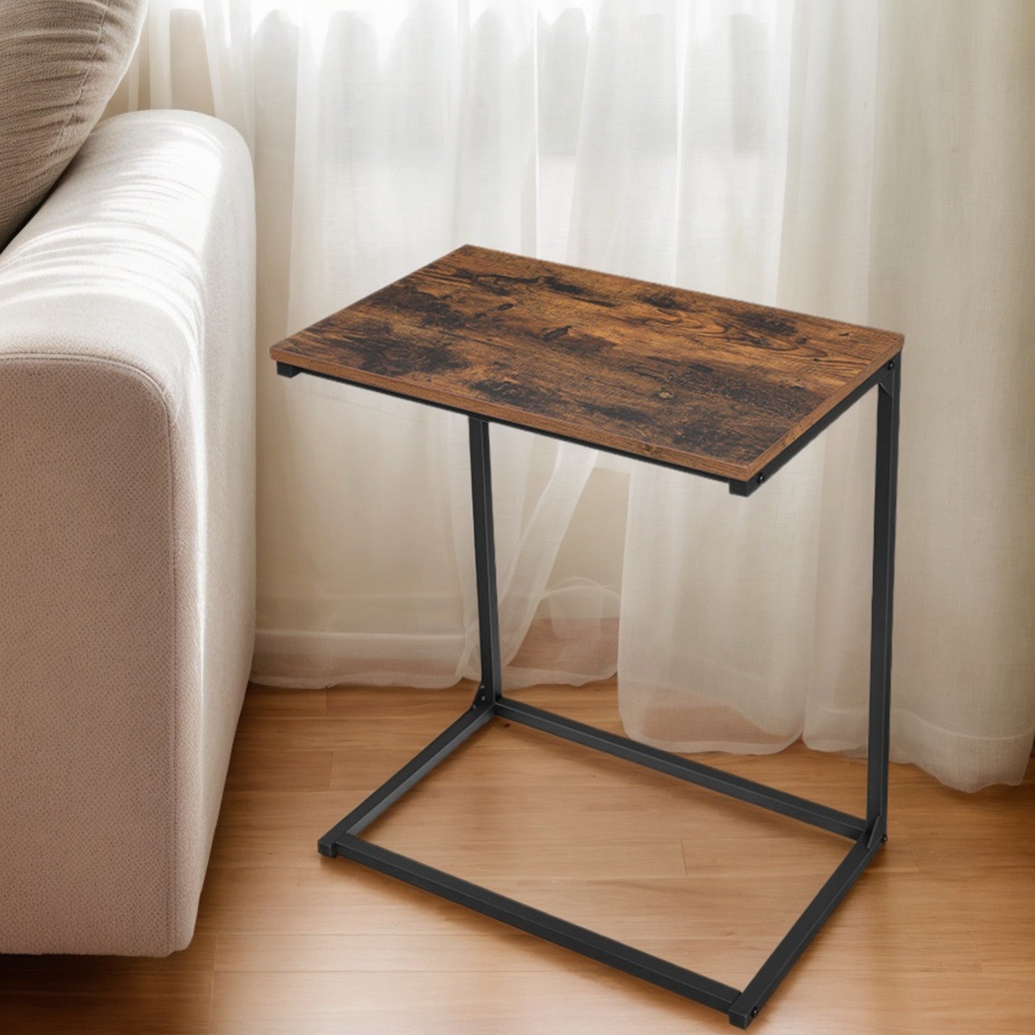 C-Shaped Side Table – Steel – Rustic Brown and Black – Ideal for Living Room and Bedroom