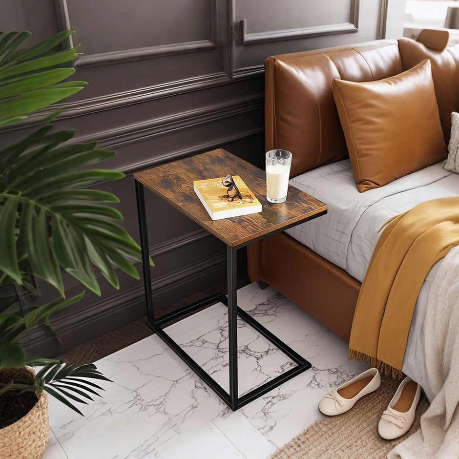 C-Shaped Side Table – Steel – Rustic Brown and Black – Ideal for Living Room and Bedroom
