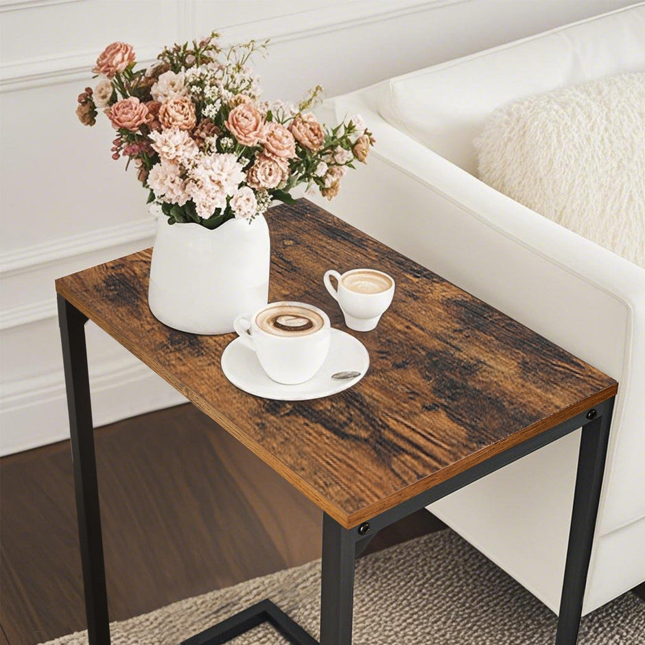 C-Shaped Side Table – Steel – Rustic Brown and Black – Ideal for Living Room and Bedroom