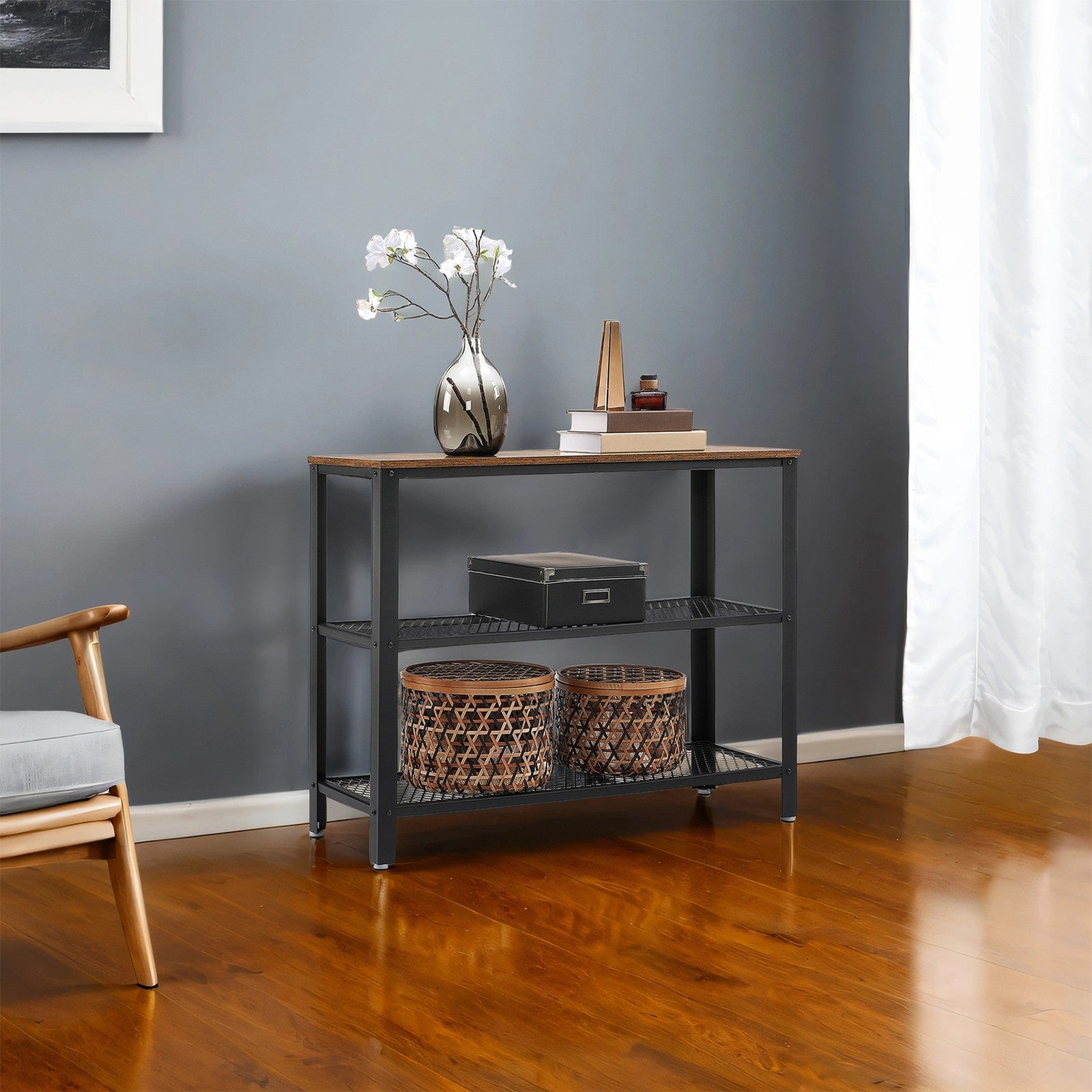 Narrow Console Table – Iron – Rustic Brown – 3-Tier Design with Mesh Shelves