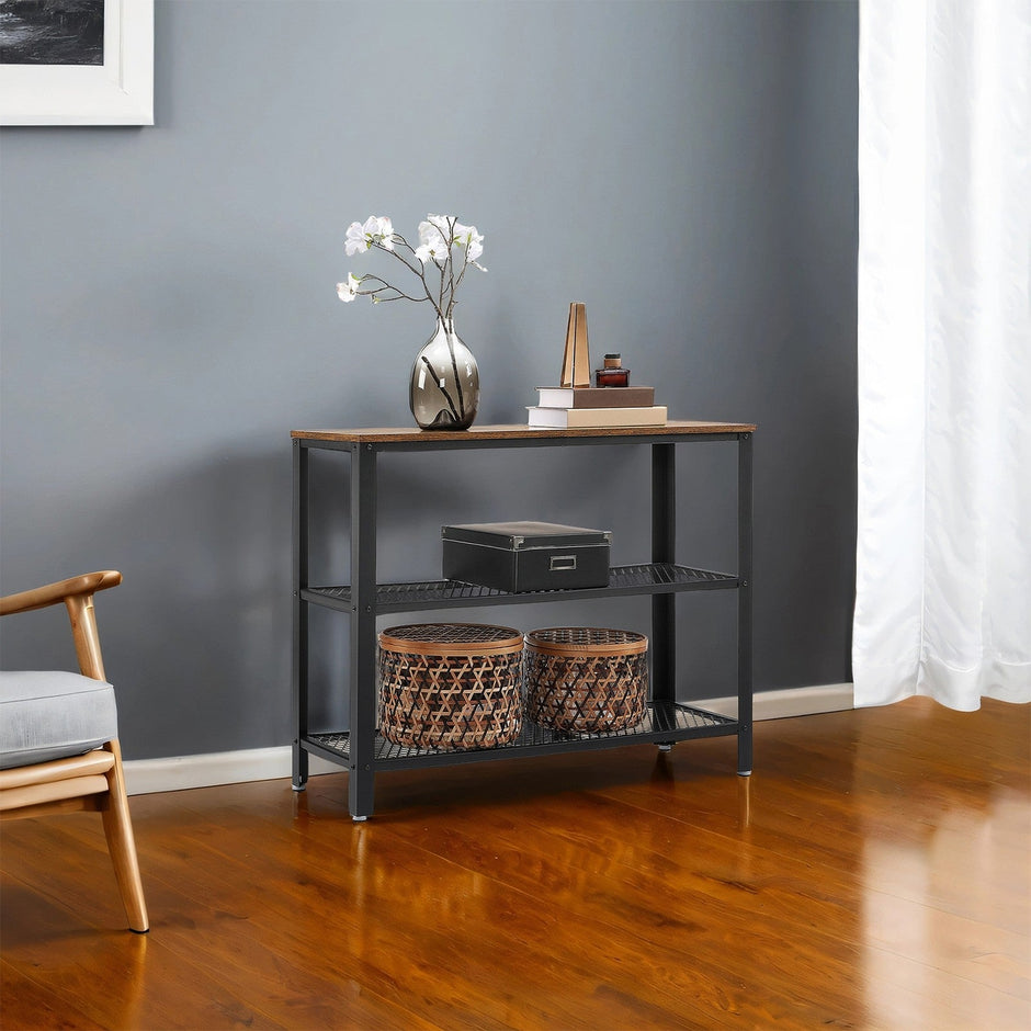 Narrow Console Table – Iron – Rustic Brown – 3-Tier Design with Mesh Shelves