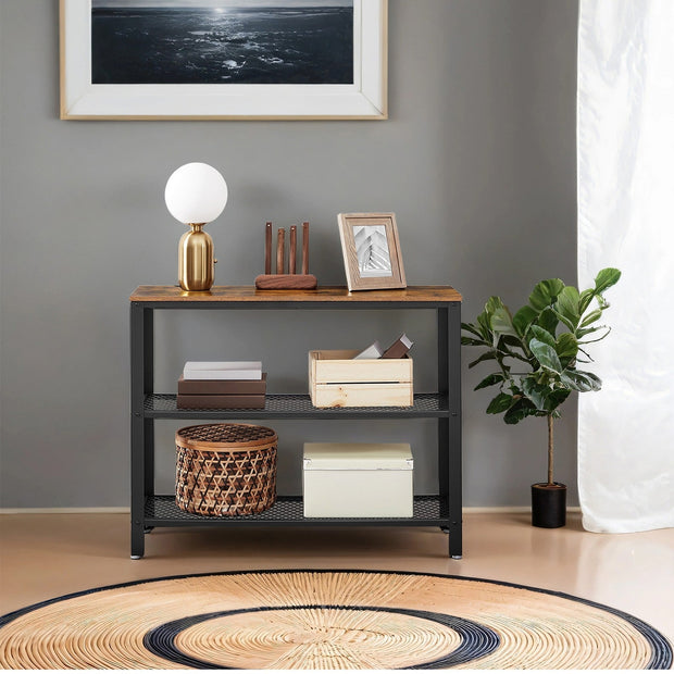 Narrow Console Table – Iron – Rustic Brown – 3-Tier Design with Mesh Shelves