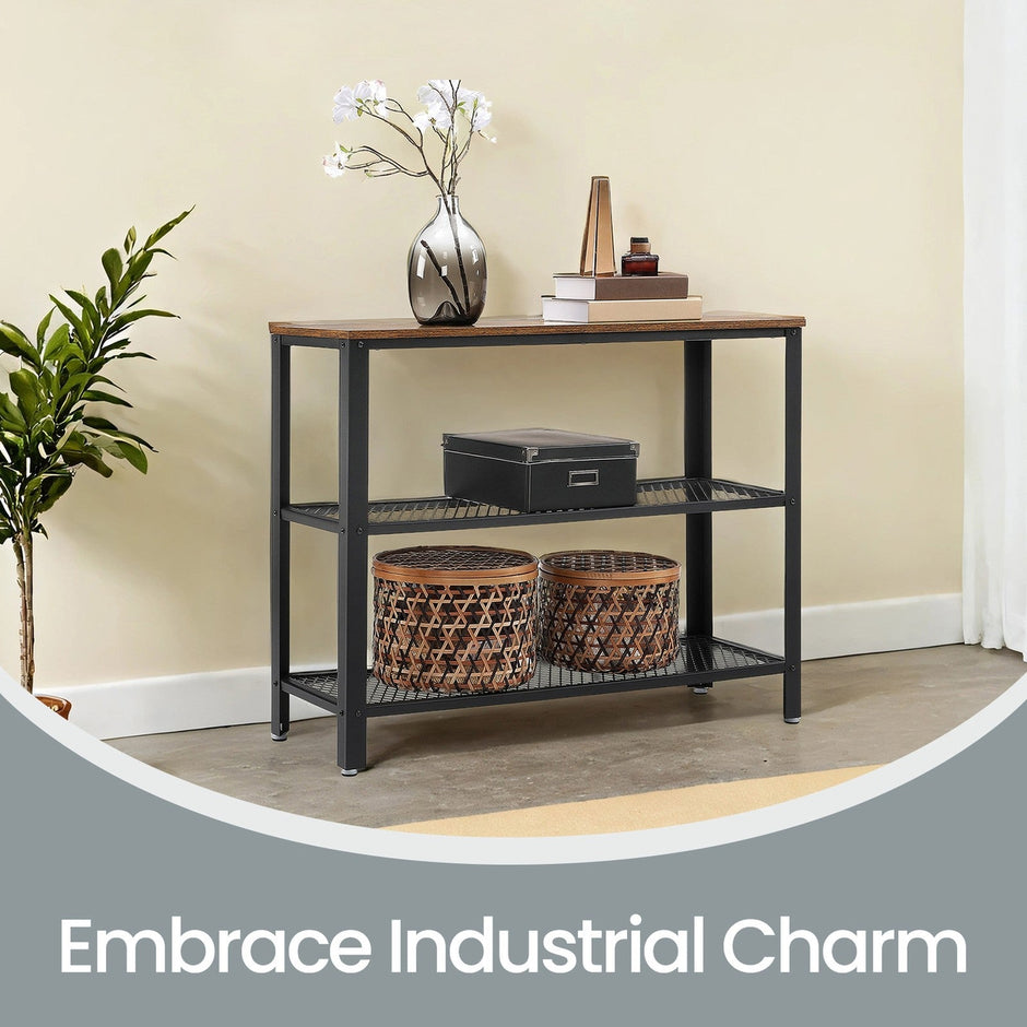 Narrow Console Table – Iron – Rustic Brown – 3-Tier Design with Mesh Shelves