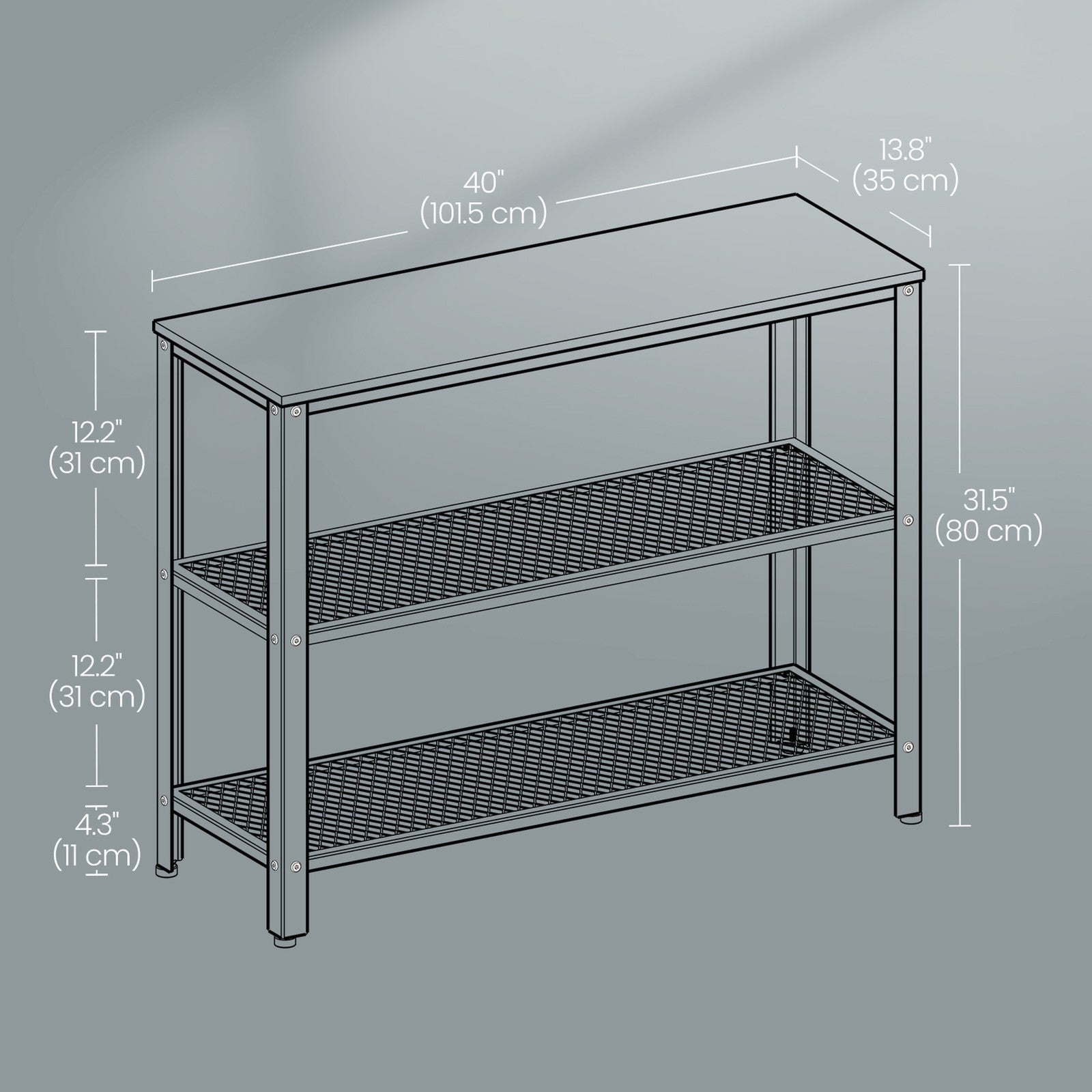 Narrow Console Table – Iron – Rustic Brown – 3-Tier Design with Mesh Shelves