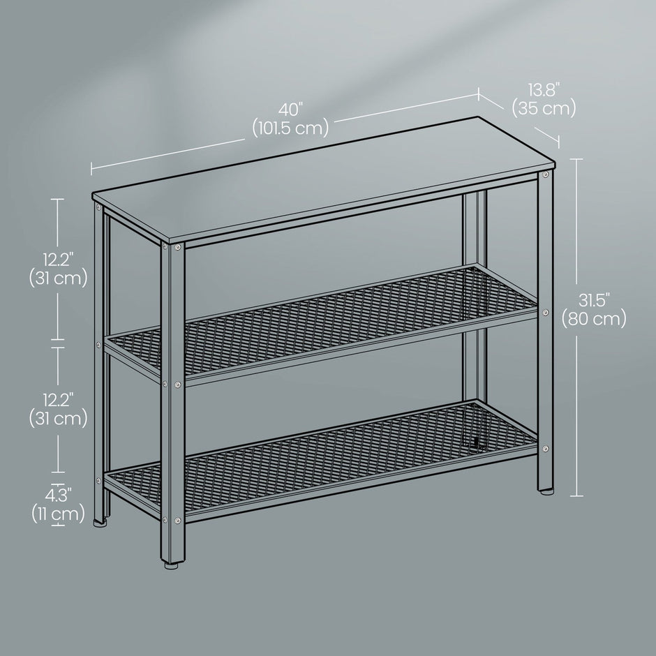 Narrow Console Table – Iron – Rustic Brown – 3-Tier Design with Mesh Shelves