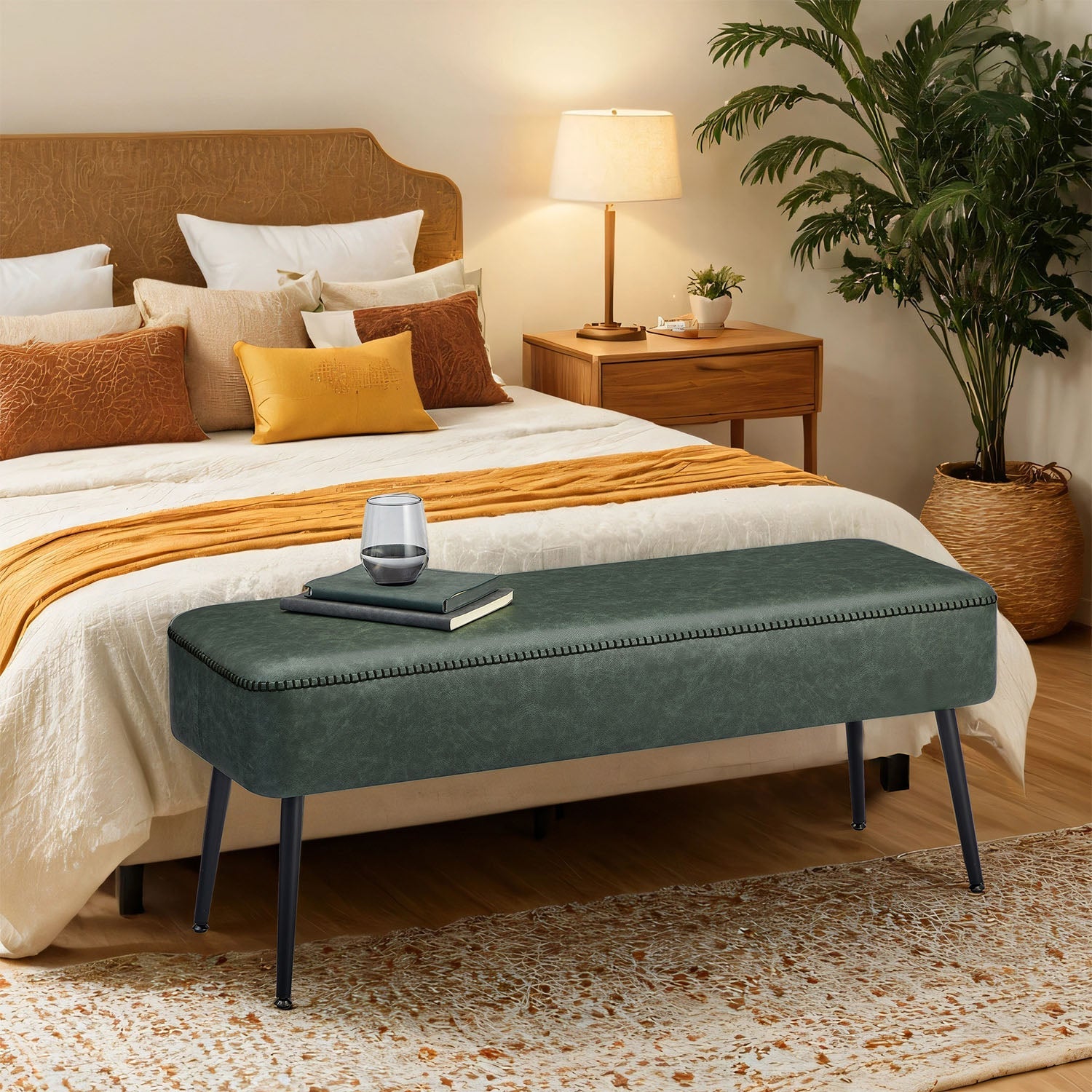 Ottoman Bench – Synthetic Leather – Green – Mid-Century Modern Design with Steel Legs