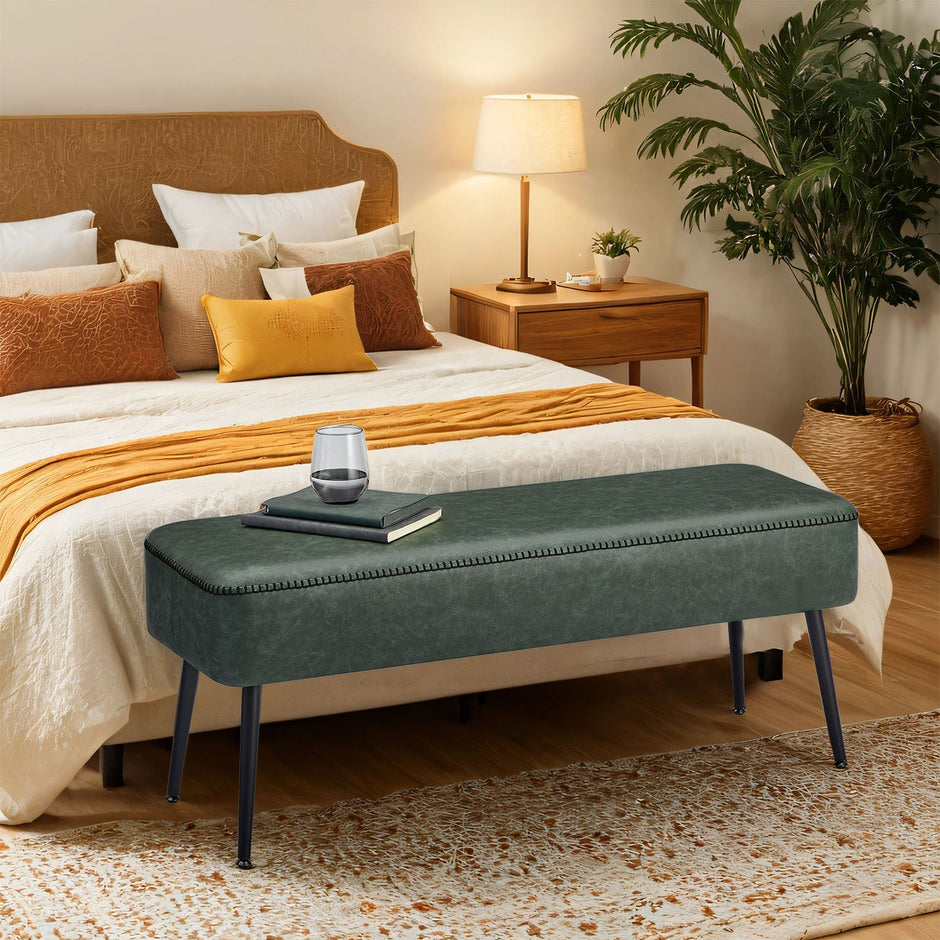 Ottoman Bench – Synthetic Leather – Green – Mid-Century Modern Design with Steel Legs