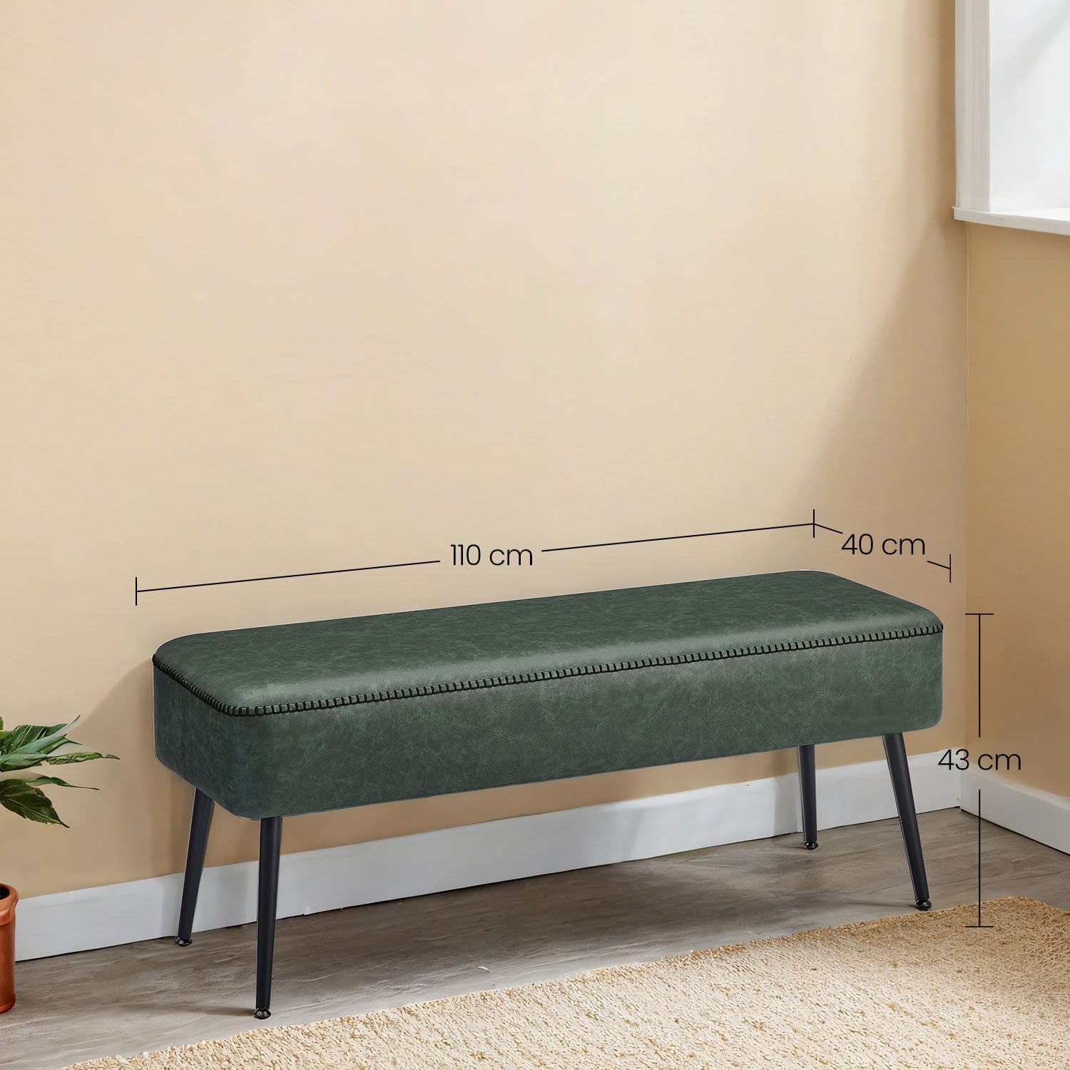 Ottoman Bench – Synthetic Leather – Green – Mid-Century Modern Design with Steel Legs