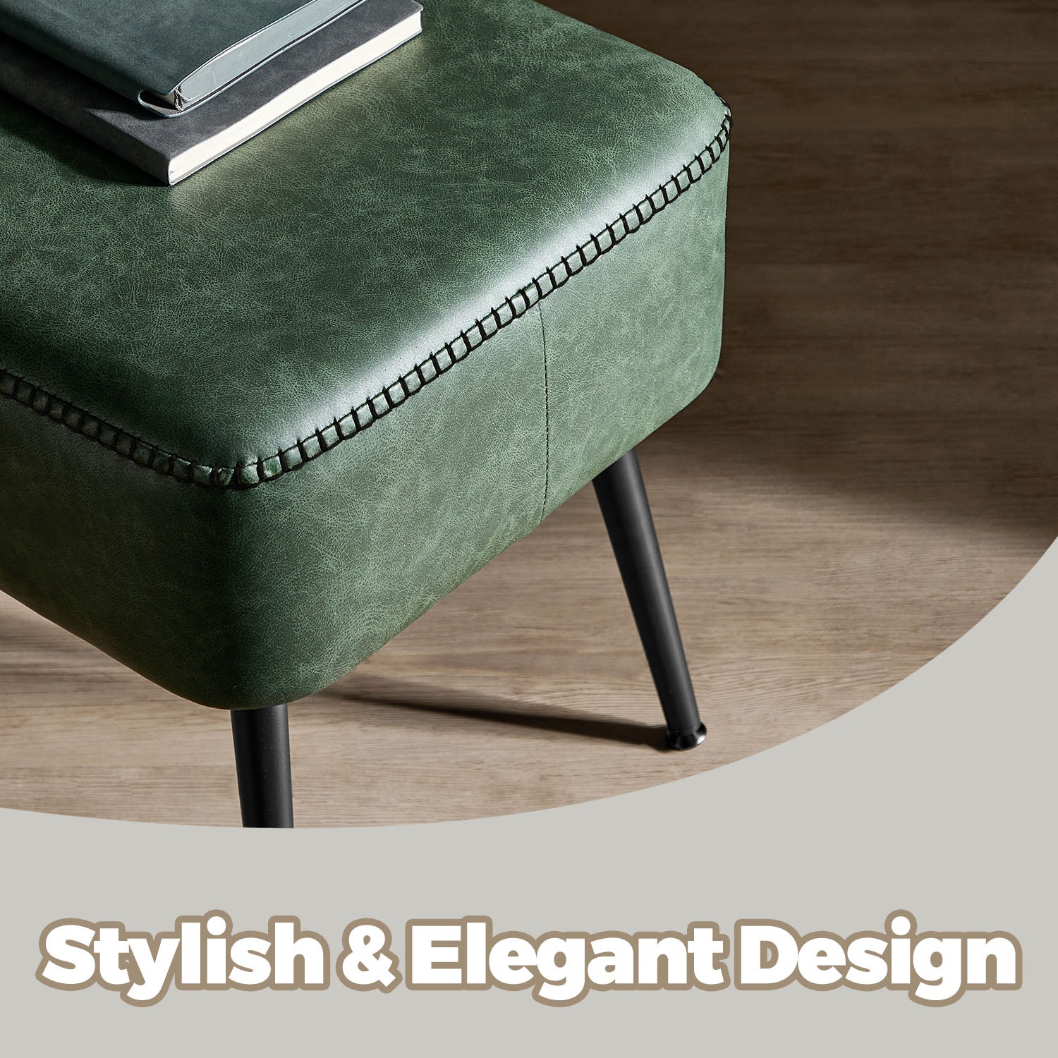 Ottoman Bench – Synthetic Leather – Green – Mid-Century Modern Design with Steel Legs