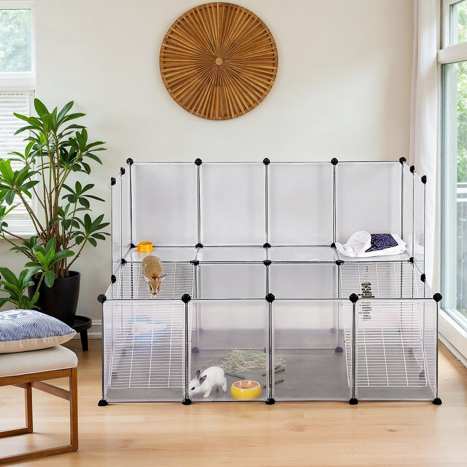 2-Story Small Animal Playpen – Metal – White – DIY Hutch Cage for Small Pets