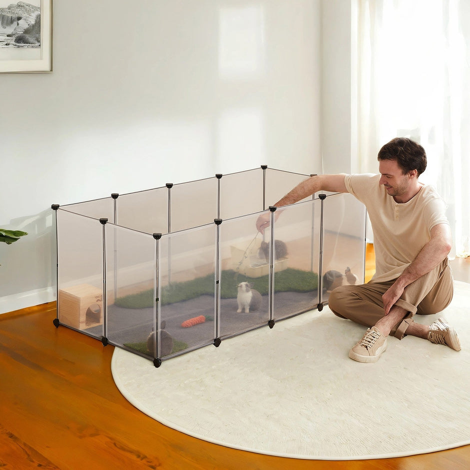 Modular Small Animal Playpen – Plastic – White – Indoor Enclosure with Floor for Hamsters, Rabbits, and Hedgehogs