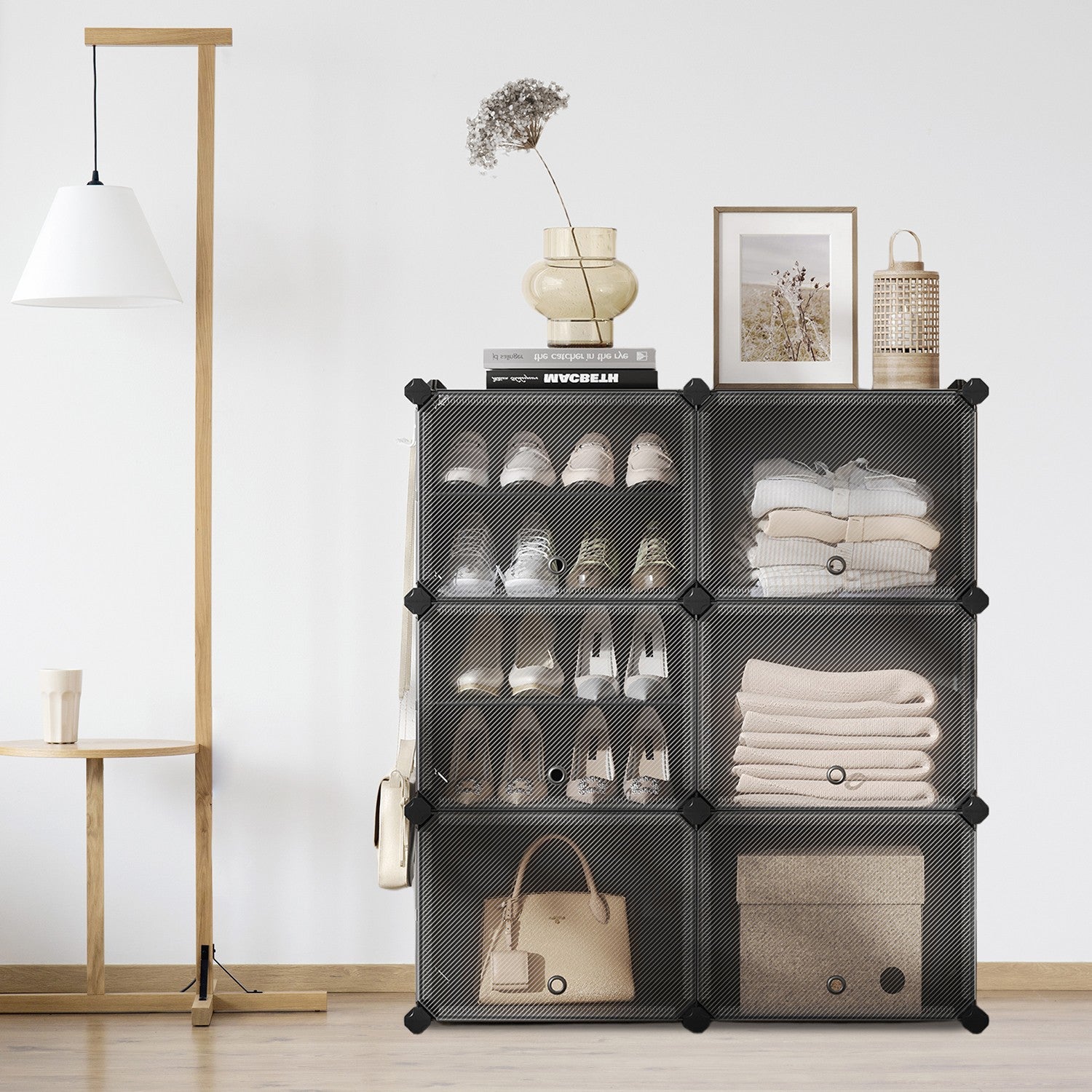 Modular Shoe Rack – Plastic – Black – Interlocking 12-Slot Design with Doors