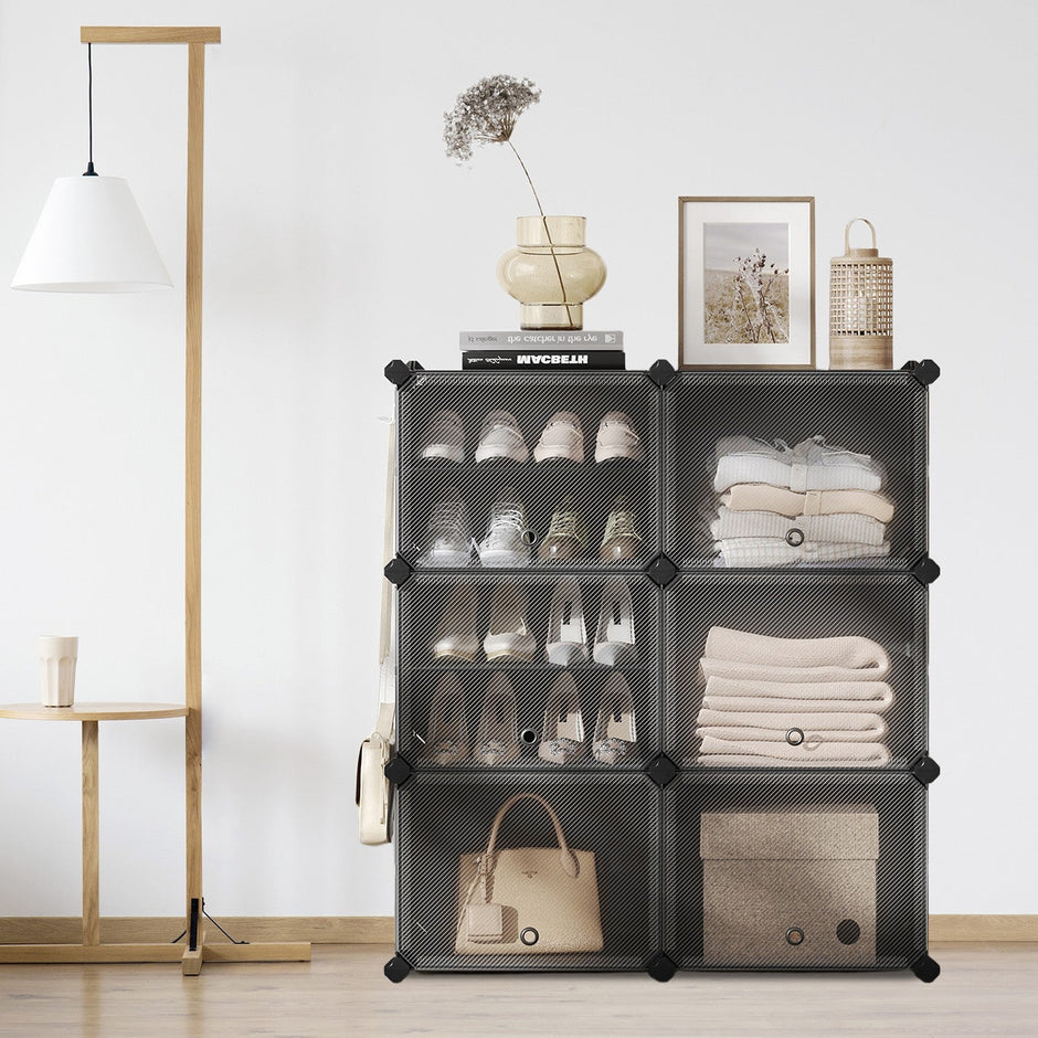 Modular Shoe Rack – Plastic – Black – Interlocking 12-Slot Design with Doors
