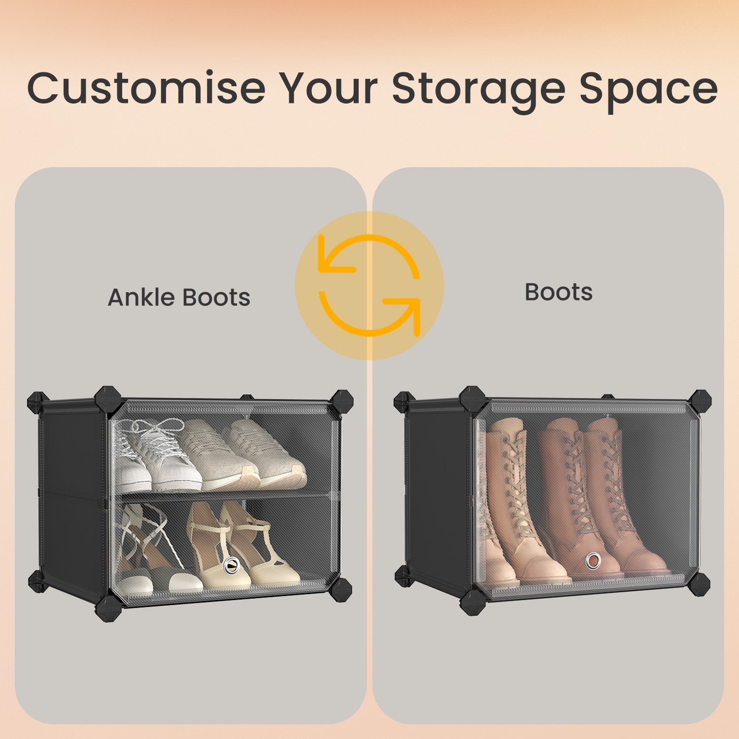 Modular Shoe Rack – Plastic – Black – Interlocking 12-Slot Design with Doors