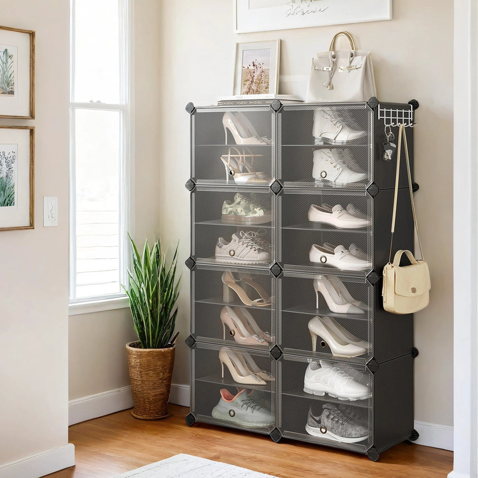 Modular Shoe Rack – Plastic – Black – 16-Slot Interlocking Design with Doors