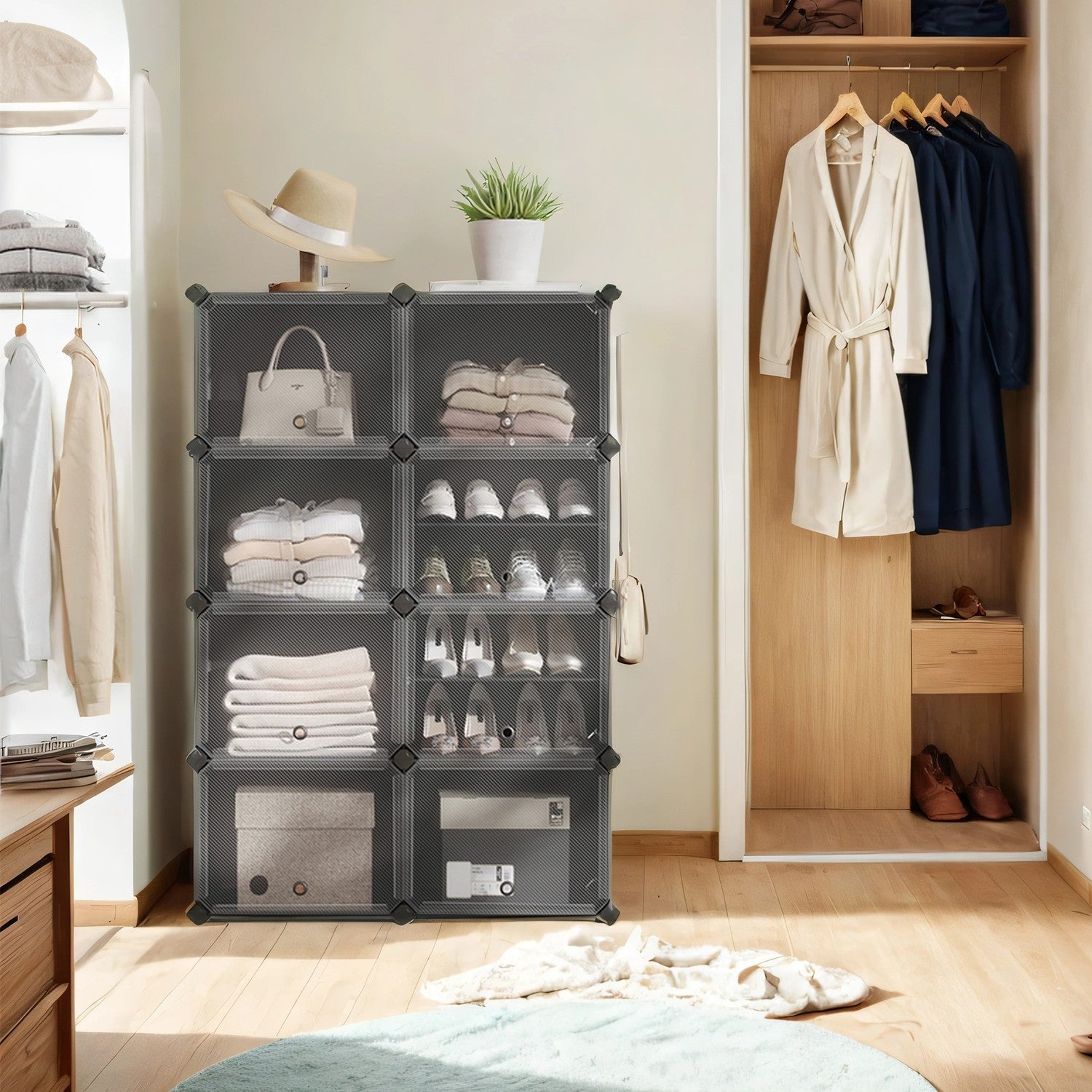 Modular Shoe Rack – Plastic – Black – 16-Slot Interlocking Design with Doors