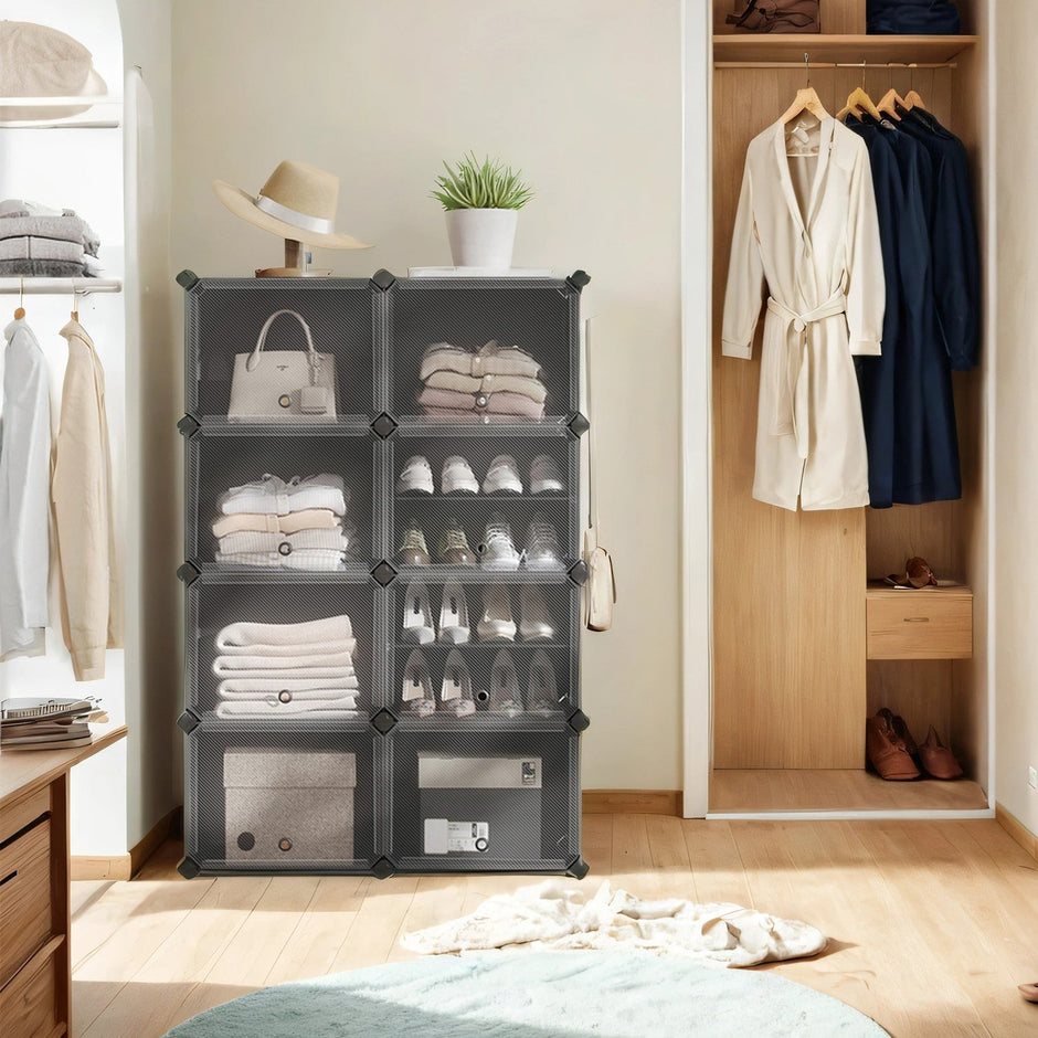 Modular Shoe Rack – Plastic – Black – 16-Slot Interlocking Design with Doors