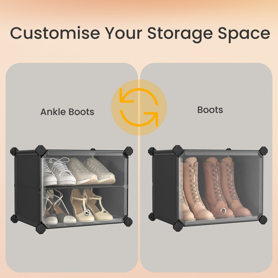 Modular Shoe Rack – Plastic – Black – 16-Slot Interlocking Design with Doors