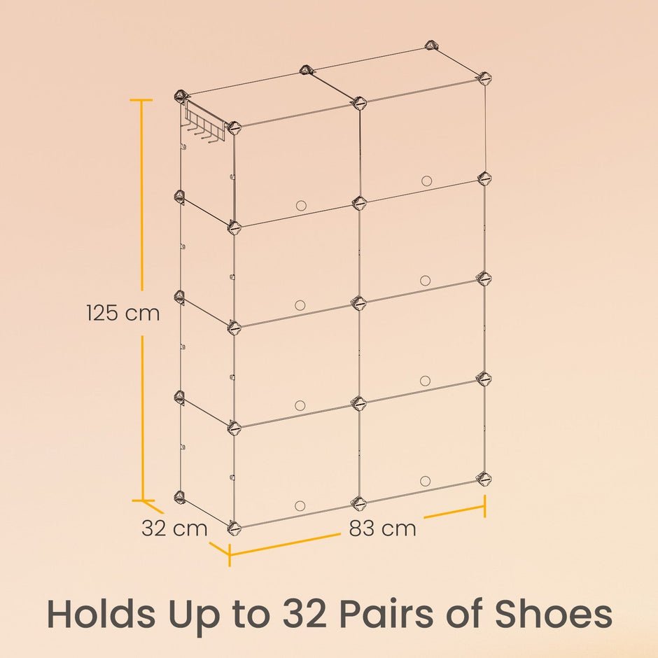Modular Shoe Rack – Plastic – Black – 16-Slot Interlocking Design with Doors