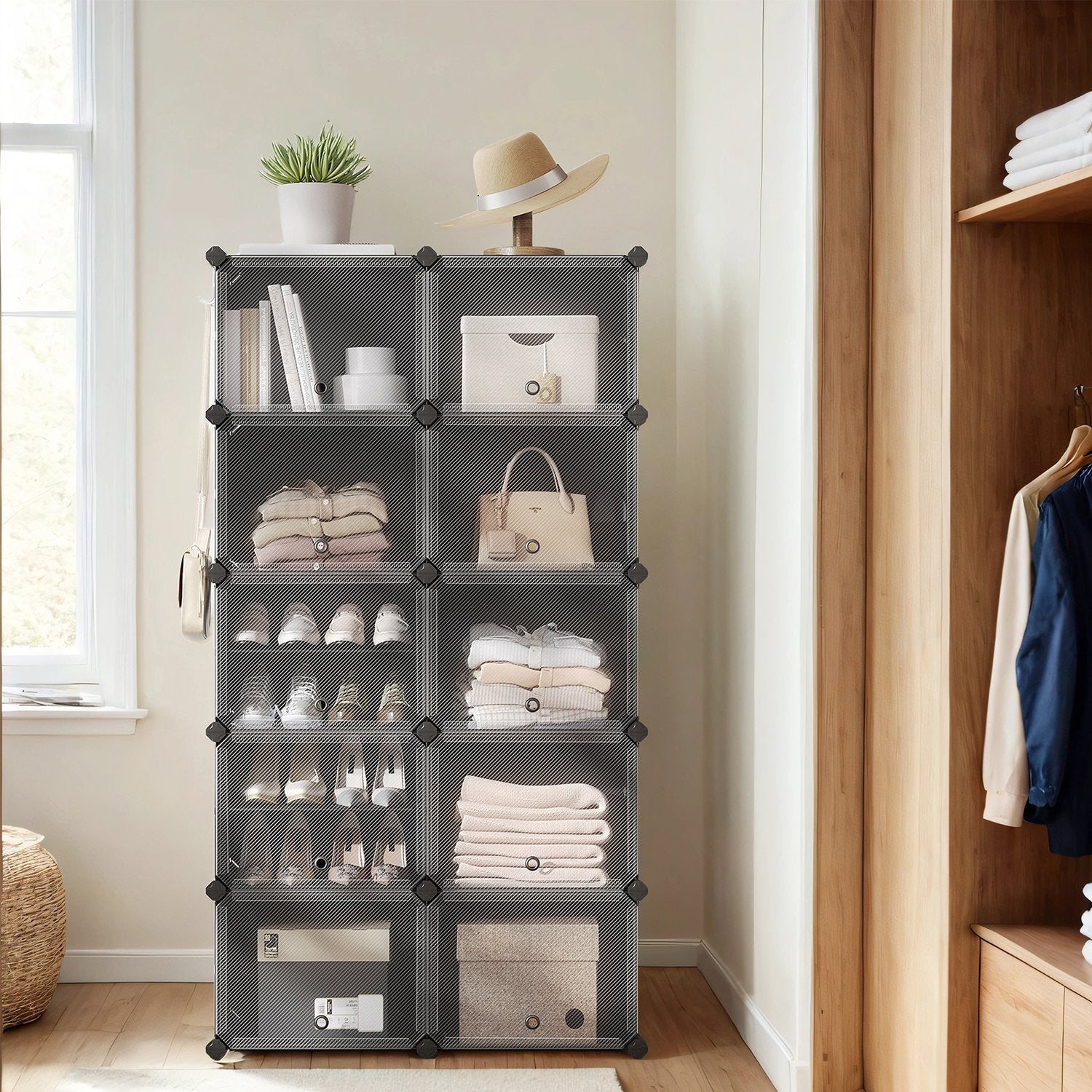 Shoe Rack – Plastic and Steel – White – 10-Slot Modular Design with Doors