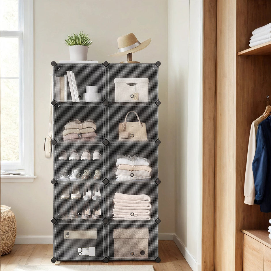 Shoe Rack – Plastic and Steel – White – 10-Slot Modular Design with Doors