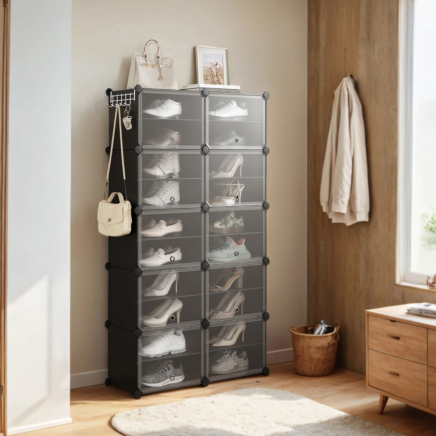 Shoe Rack – Plastic and Steel – White – 10-Slot Modular Design with Doors