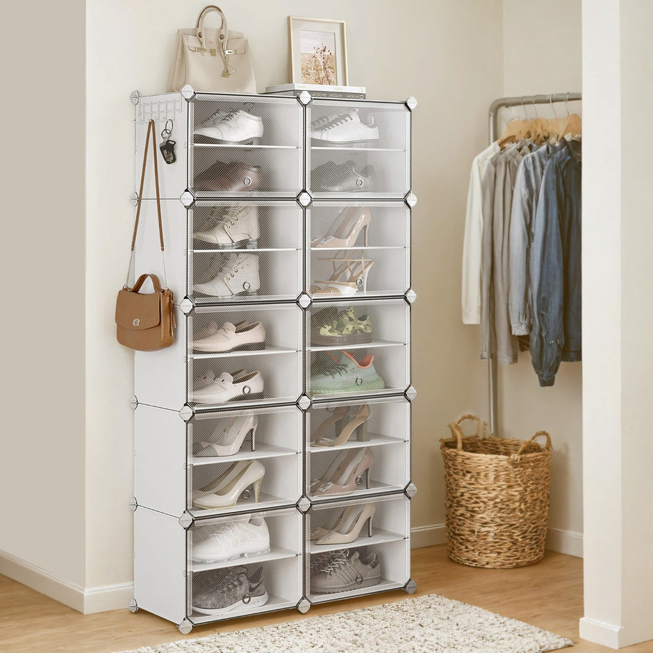 Shoe Rack – Plastic and Steel – White – 10-Slot Modular Design with Doors