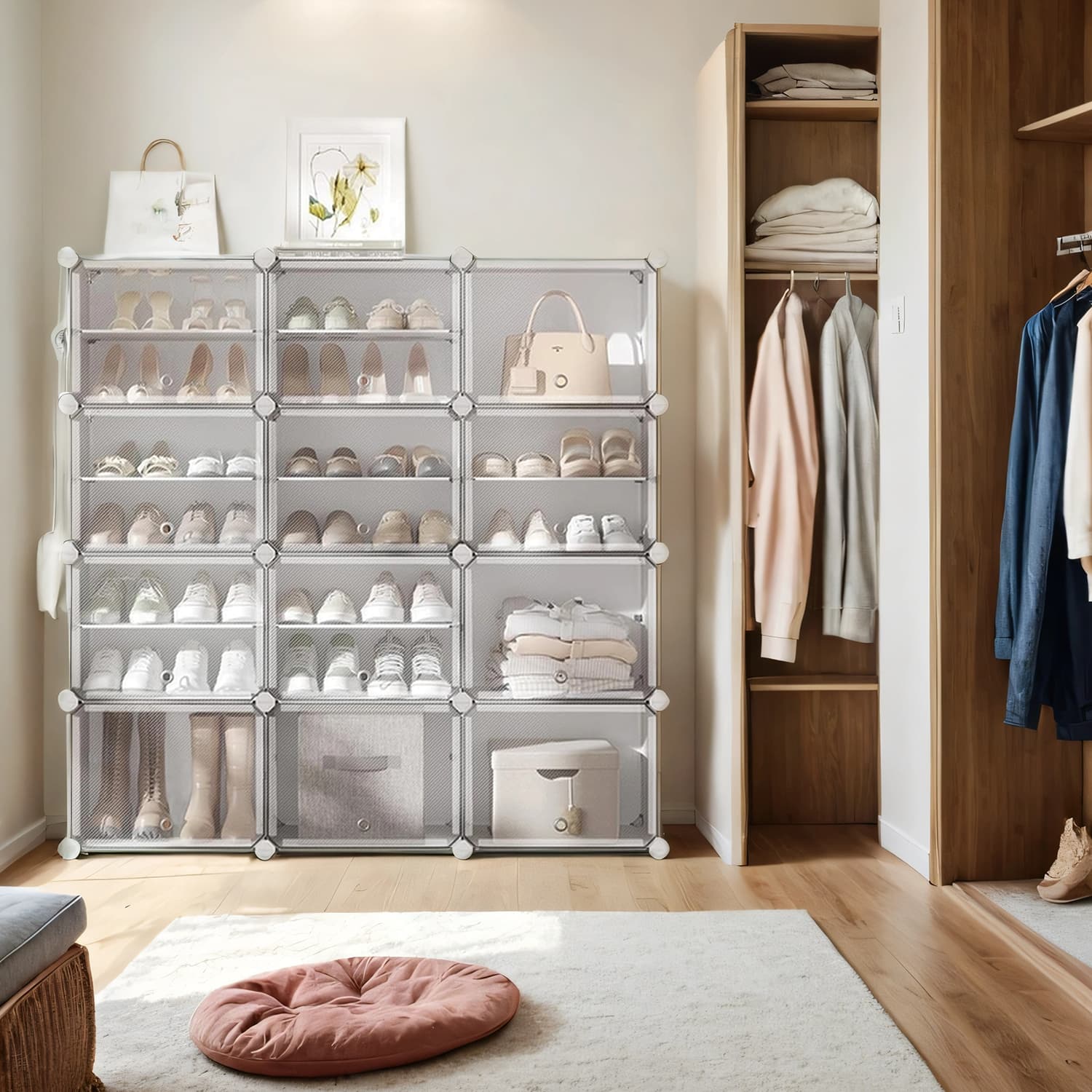 Modular Shoe Storage – Plastic – White – Interlocking Design with 12 Slots and Doors