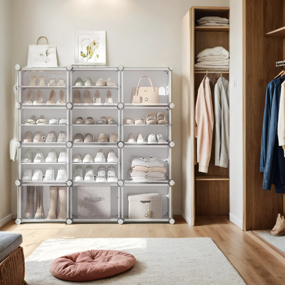 Modular Shoe Storage – Plastic – White – Interlocking Design with 12 Slots and Doors