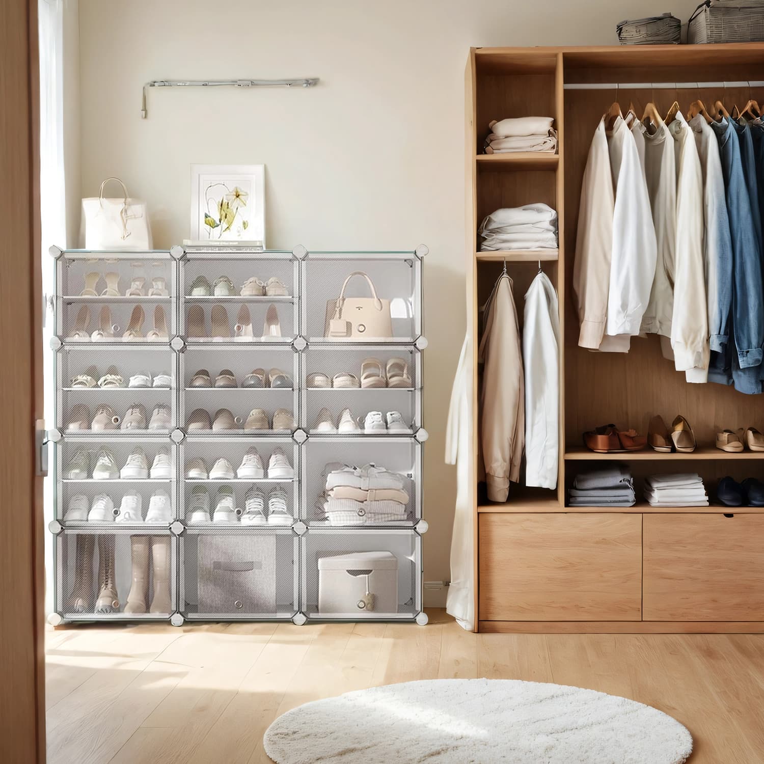 Modular Shoe Storage – Plastic – White – Interlocking Design with 12 Slots and Doors