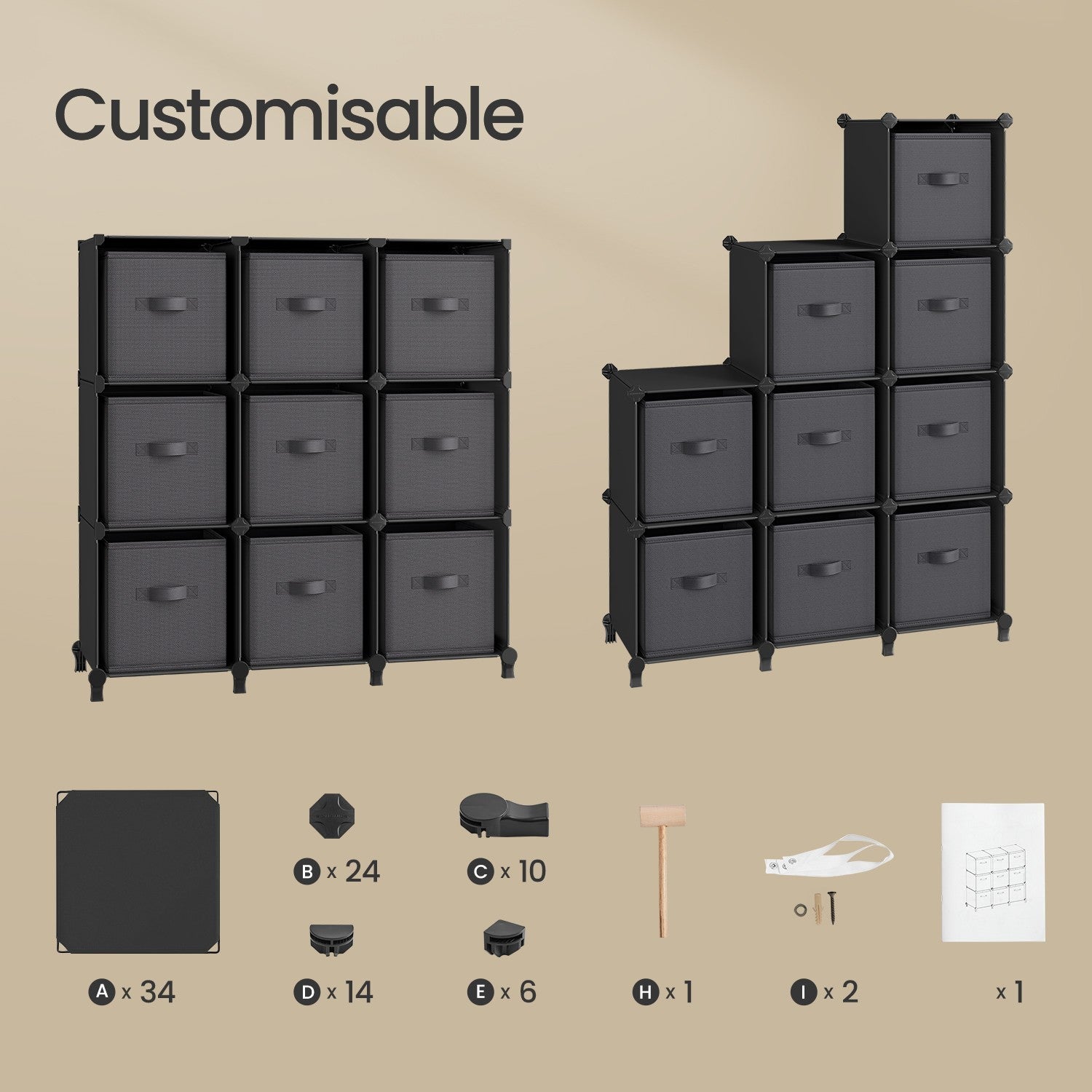 9-Cube Storage Organizer – Non-Woven Fabric – Black and Grey – Customizable Modular Design