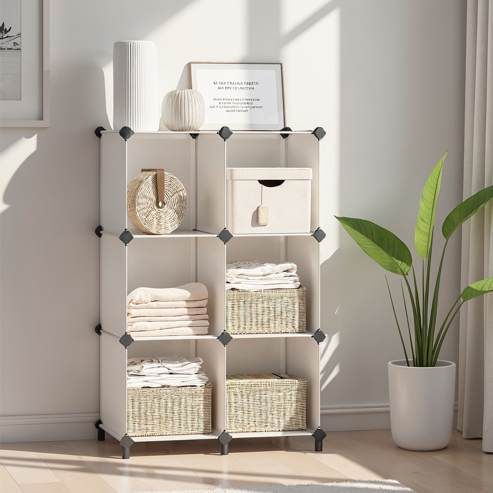Modular Cube Storage Organiser – Plastic – Black – 6 Cubes with Feet and Metal Grid