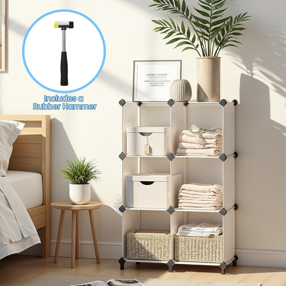 Modular Cube Storage Organiser – Plastic – Black – 6 Cubes with Feet and Metal Grid