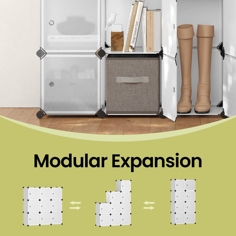 Modular Storage Unit – Quality Plastic – White – Interlocking 12-Cube Design with Doors