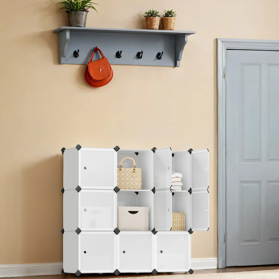 Modular Storage Unit – Quality Plastic – White – Interlocking 12-Cube Design with Doors