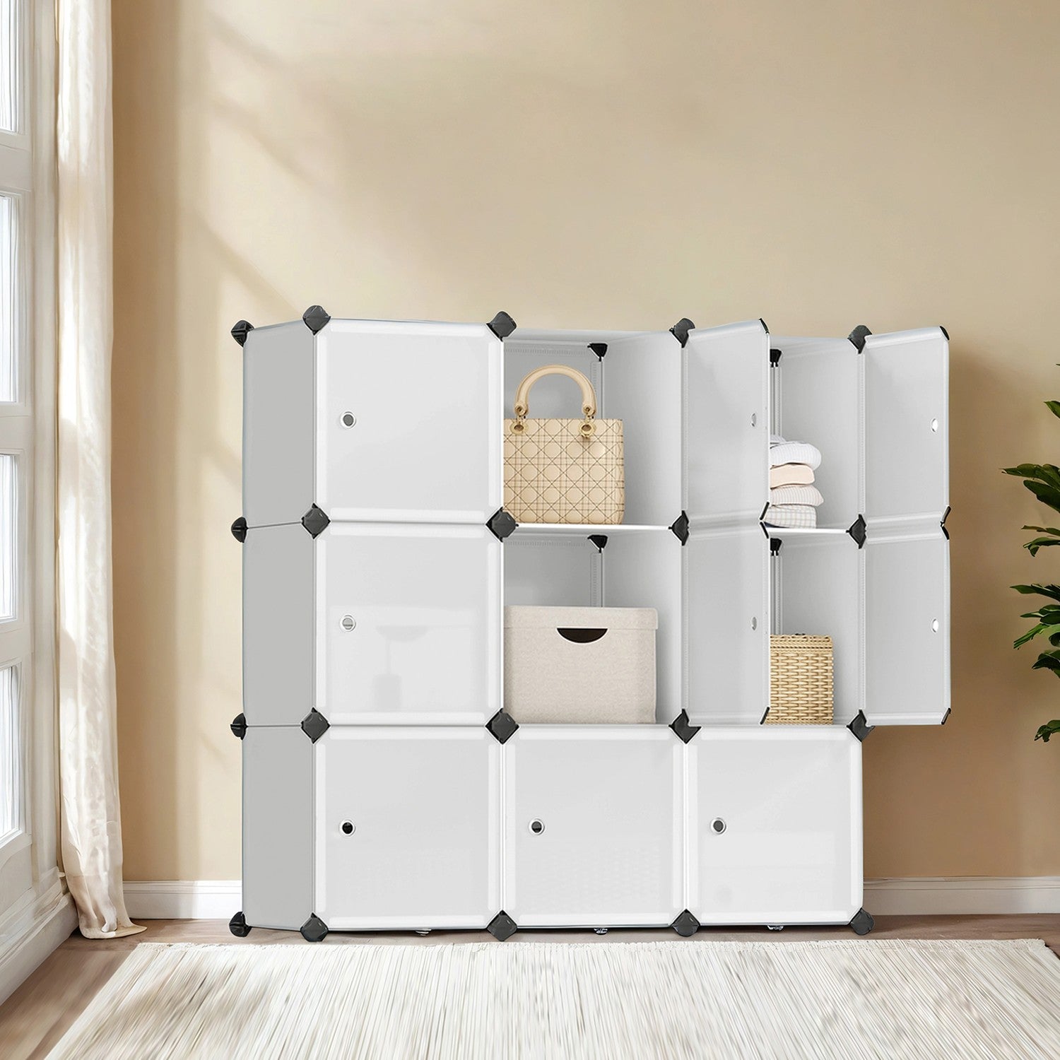 Modular Storage Unit – Quality Plastic – White – Interlocking 12-Cube Design with Doors