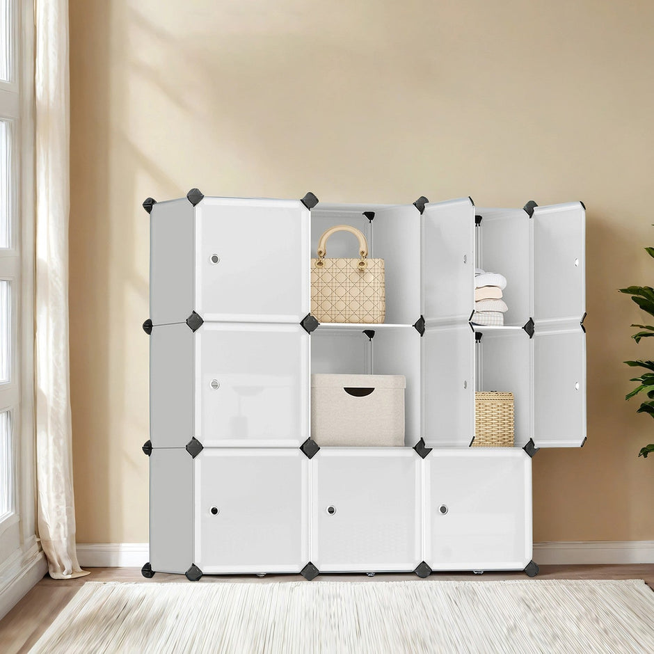Modular Storage Unit – Quality Plastic – White – Interlocking 12-Cube Design with Doors