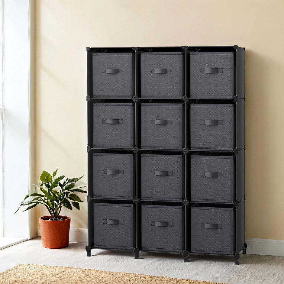 12-Cube Storage Organizer – Non-Woven Fabric – Black and Grey – Modular and Space-Saving Design