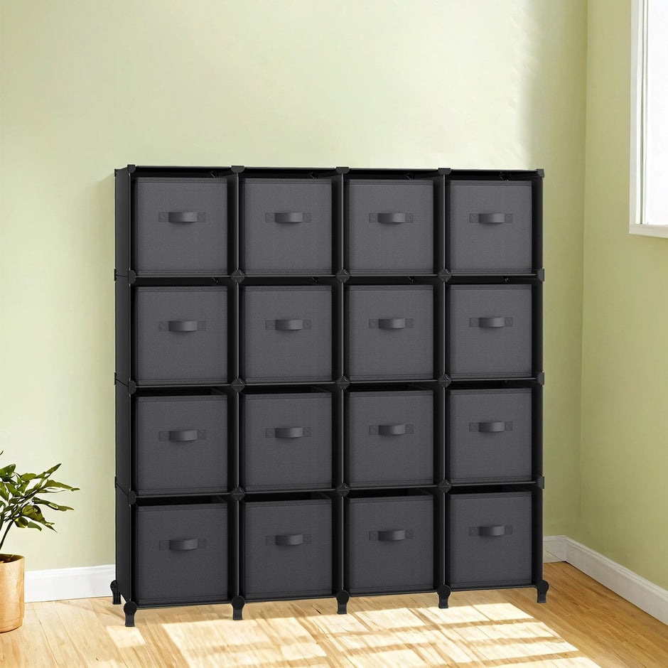 16-Cube Storage Organizer – Non-Woven Fabric – Black and Grey – Modular and Space-Saving Design