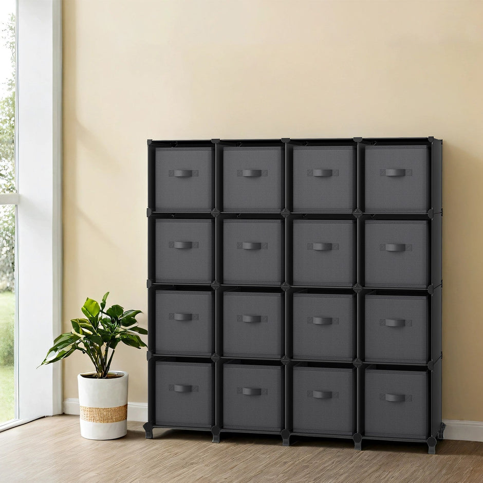 16-Cube Storage Organizer – Non-Woven Fabric – Black and Grey – Modular and Space-Saving Design