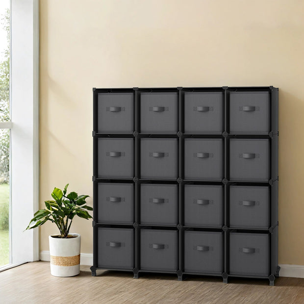 16-Cube Storage Organizer – Non-Woven Fabric – Black and Grey – Modular and Space-Saving Design