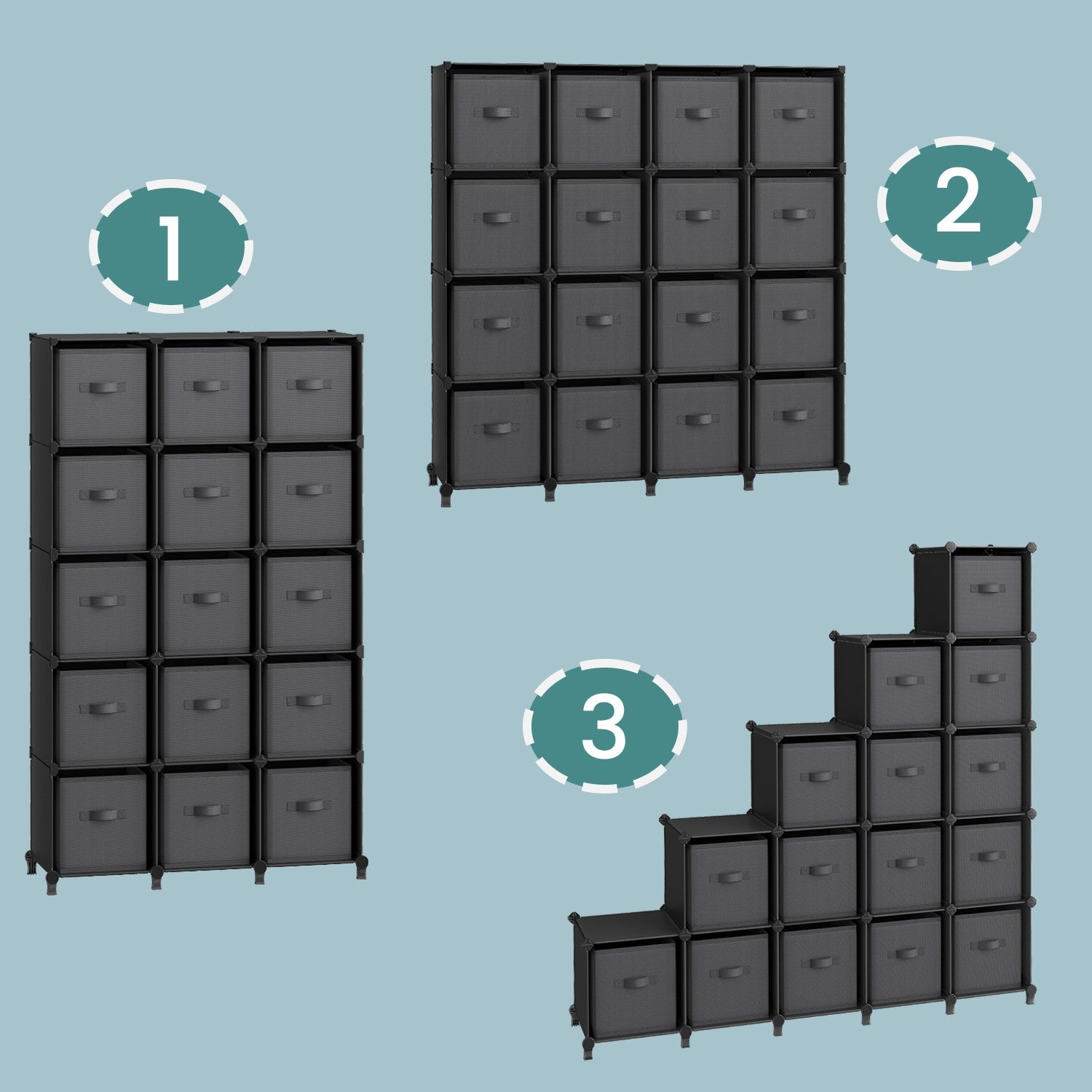 16-Cube Storage Organizer – Non-Woven Fabric – Black and Grey – Modular and Space-Saving Design