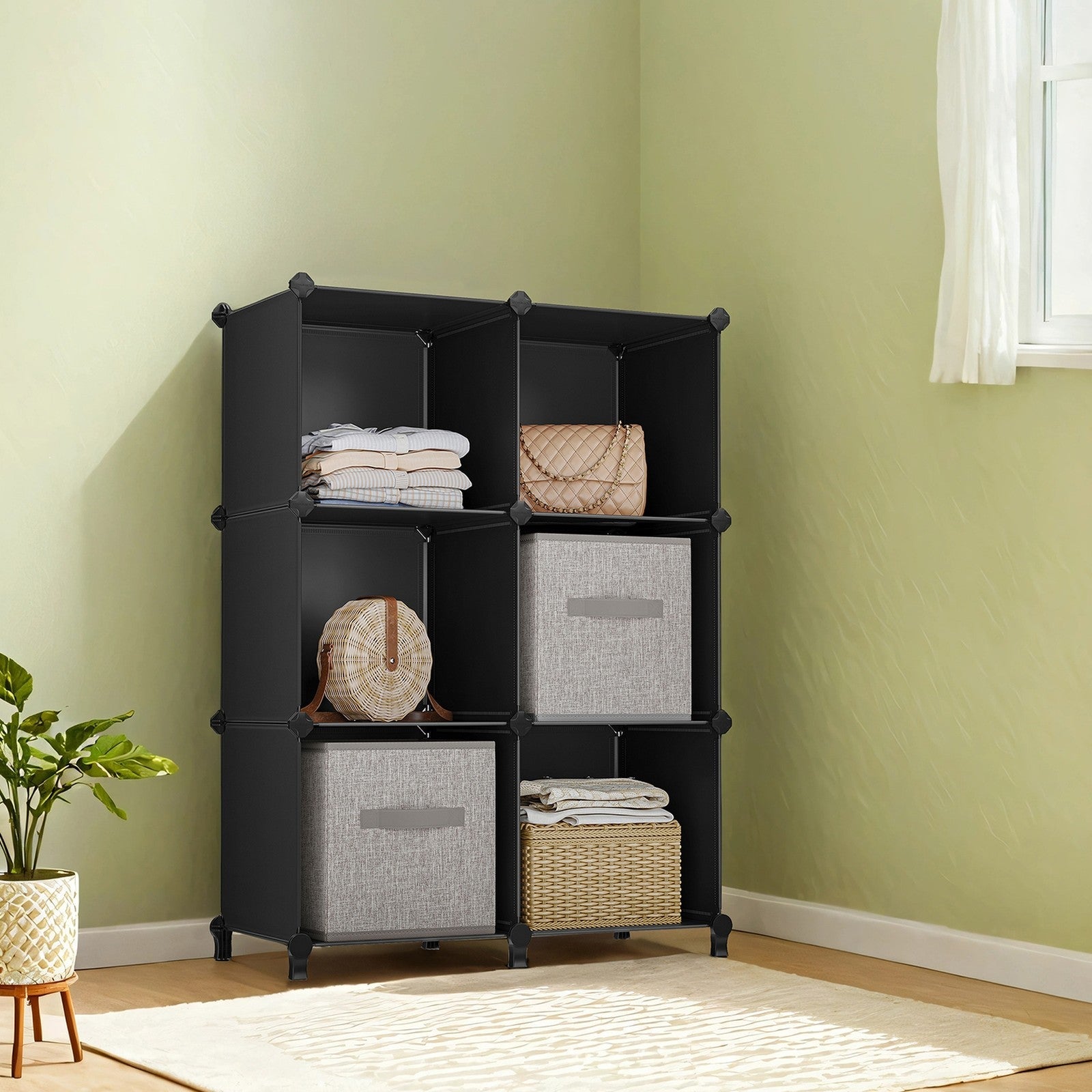 Modular Storage Shelf – Plastic – Black – 6 Cube Organizer with Top Metal Grid