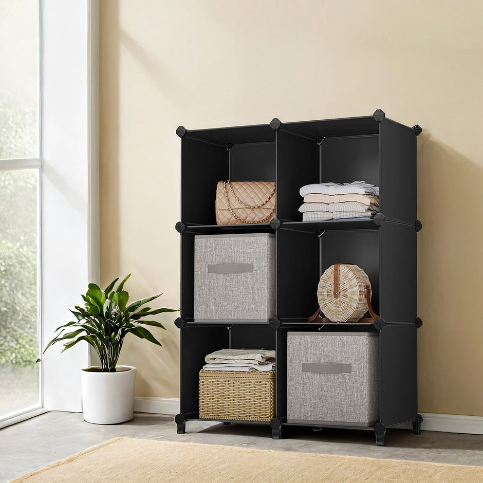 Modular Storage Shelf – Plastic – Black – 6 Cube Organizer with Top Metal Grid