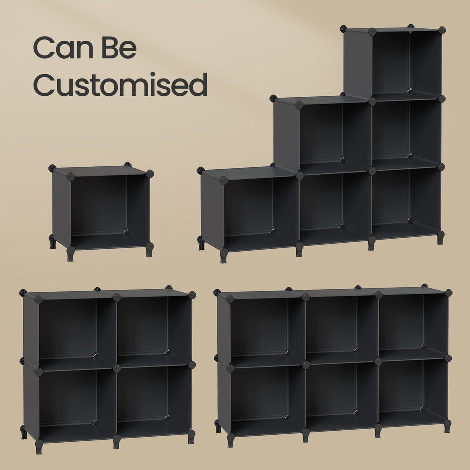Modular Storage Shelf – Plastic – Black – 6 Cube Organizer with Top Metal Grid