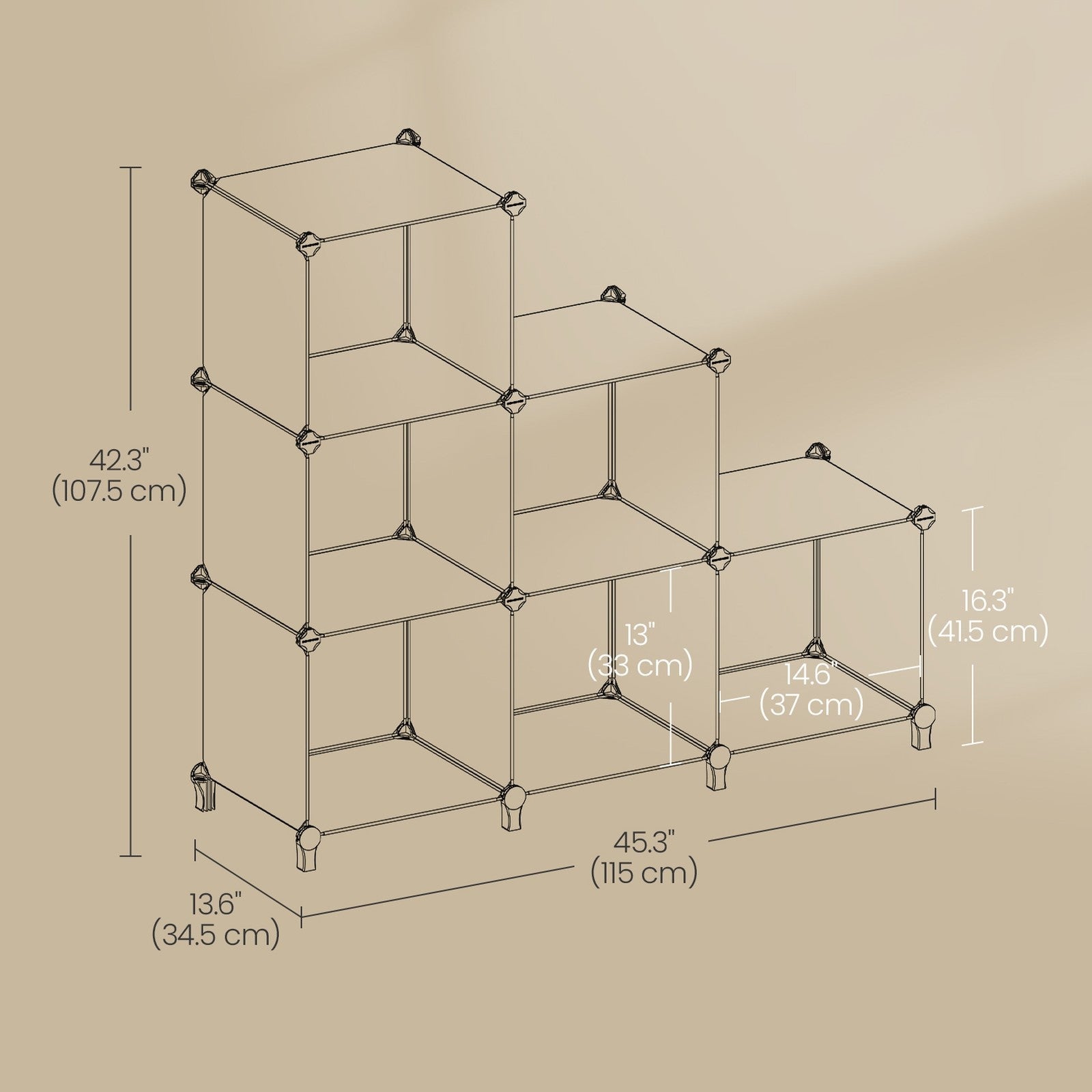 Modular Storage Shelf – Plastic – Black – 6 Cube Organizer with Top Metal Grid
