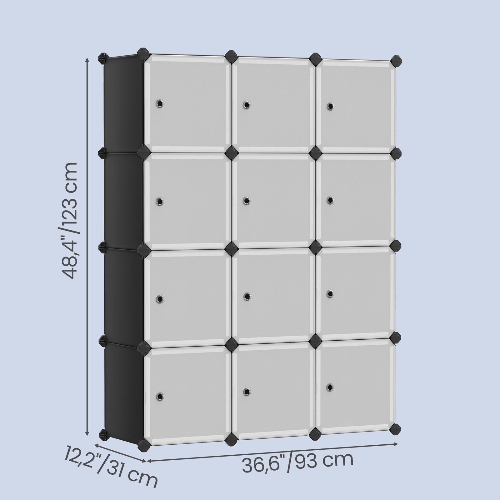 Modular Storage Shelf – Plastic – Black – 12 Cube Design with Doors, Easy to Assemble