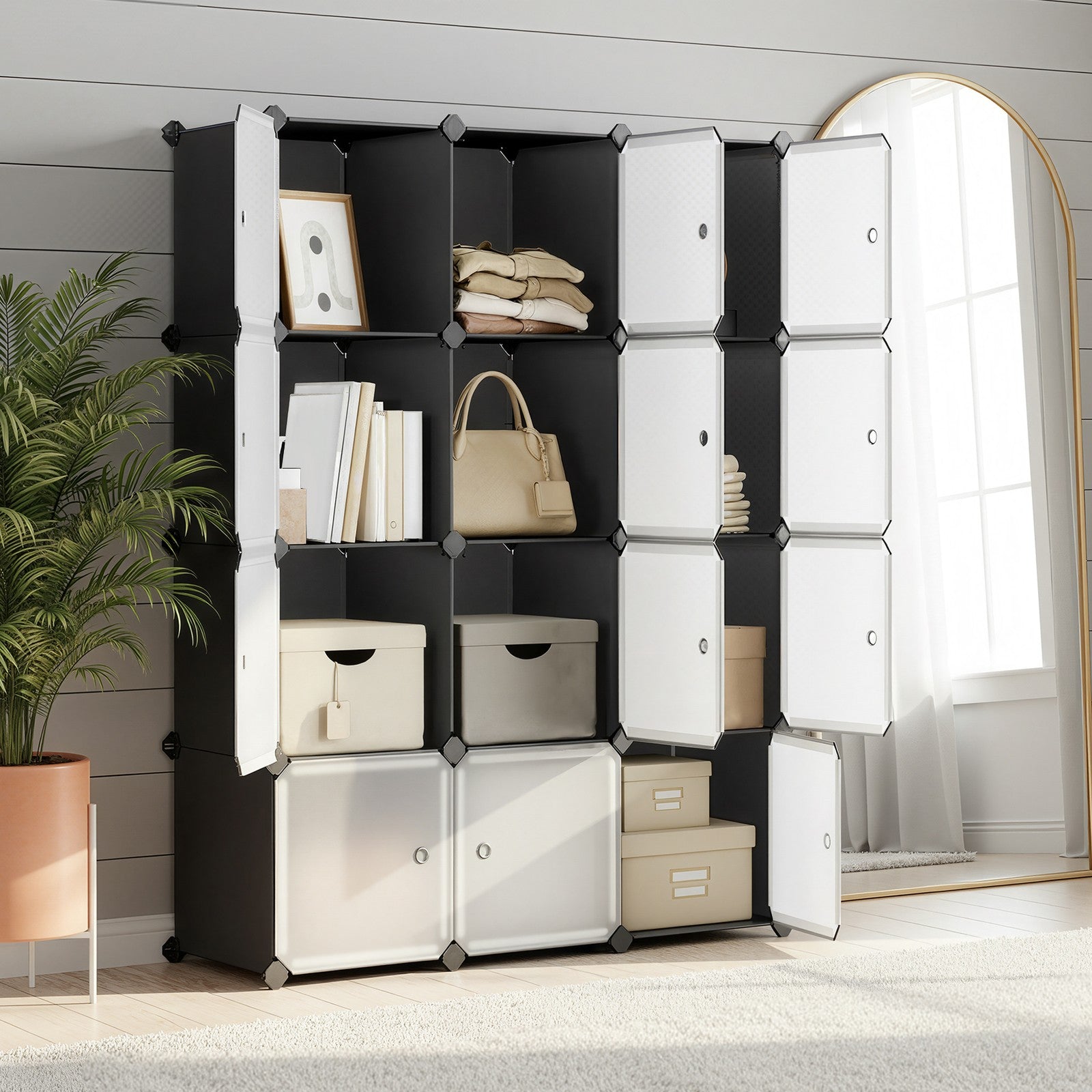 Modular Storage Shelf – Plastic – Black – 12 Cube Design with Doors, Easy to Assemble