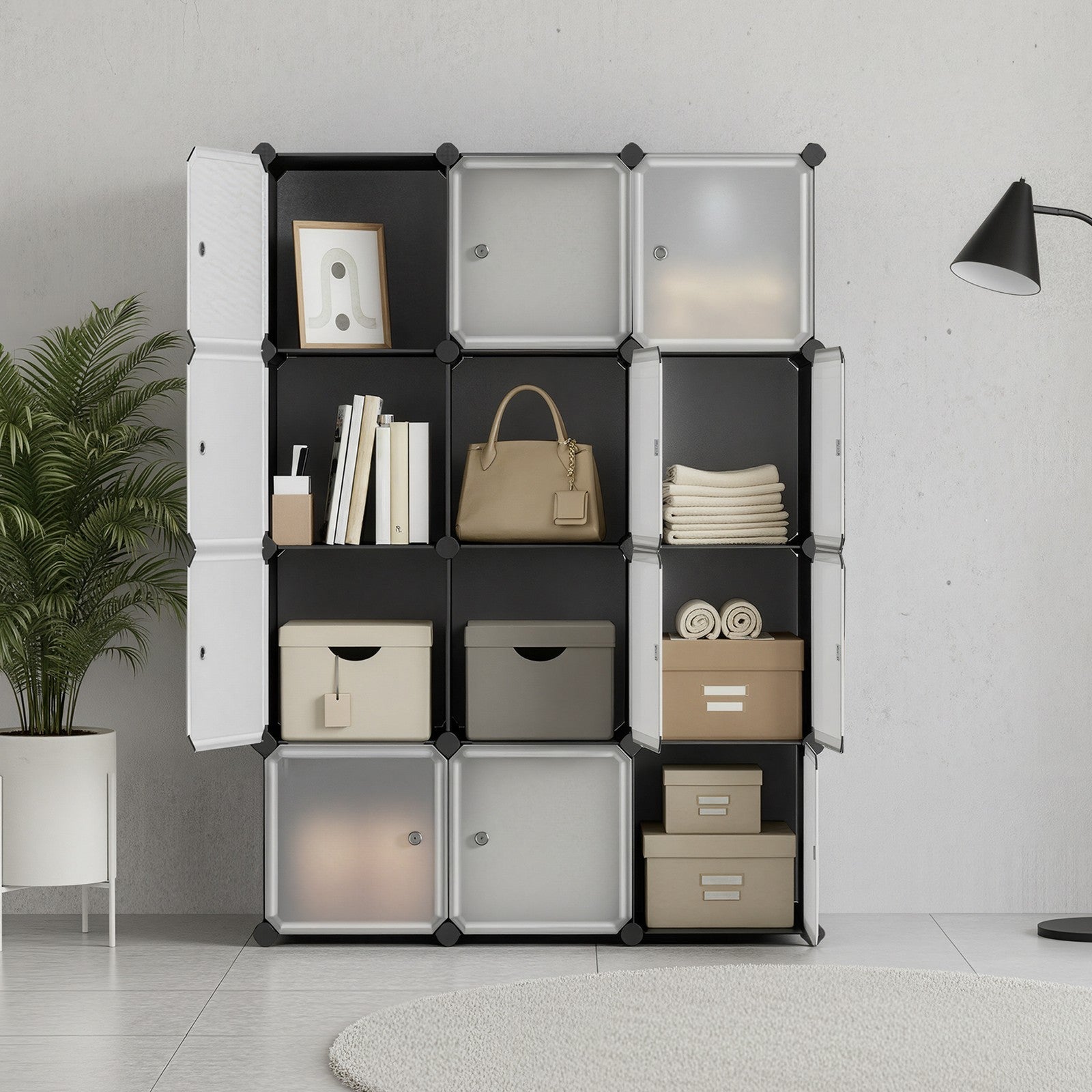 Modular Storage Shelf – Plastic – Black – 12 Cube Design with Doors, Easy to Assemble